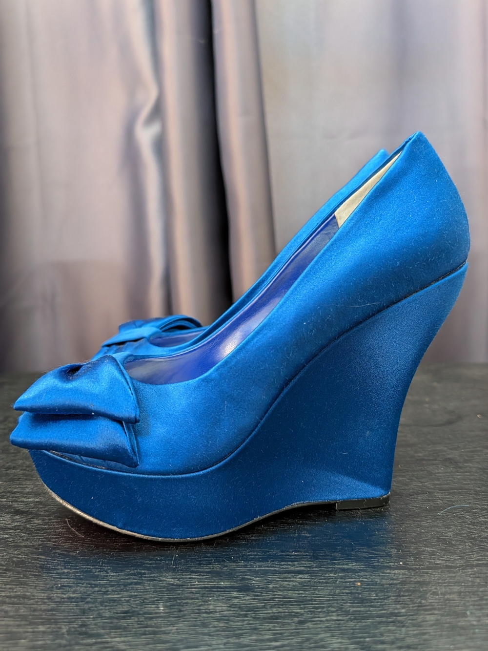 Paris Hilton Satin Platform Peep-Toe Wedge Heels with Bow